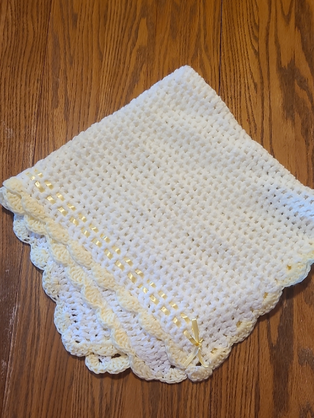 Handmade White Crocheted Baby Blanket / Afghan with Yellow Ribbon